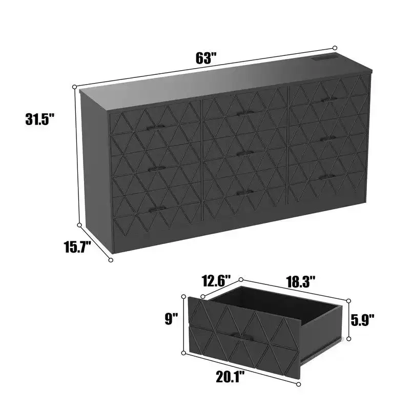 9 Drawer Dresser, 63 Dresser for Bedroom with Power Outlet, Modern Drawer for Hallway, Living Room