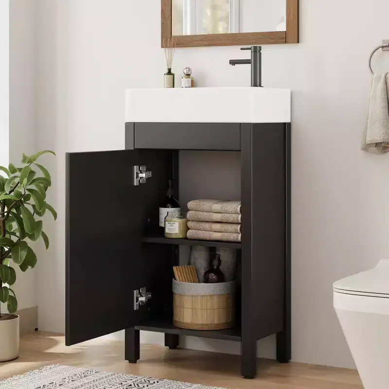 16 Freestanding Bathroom Vanity Sink - Single Storage Cabinet with Soft-Close Door & Integral Top for Small Spaces