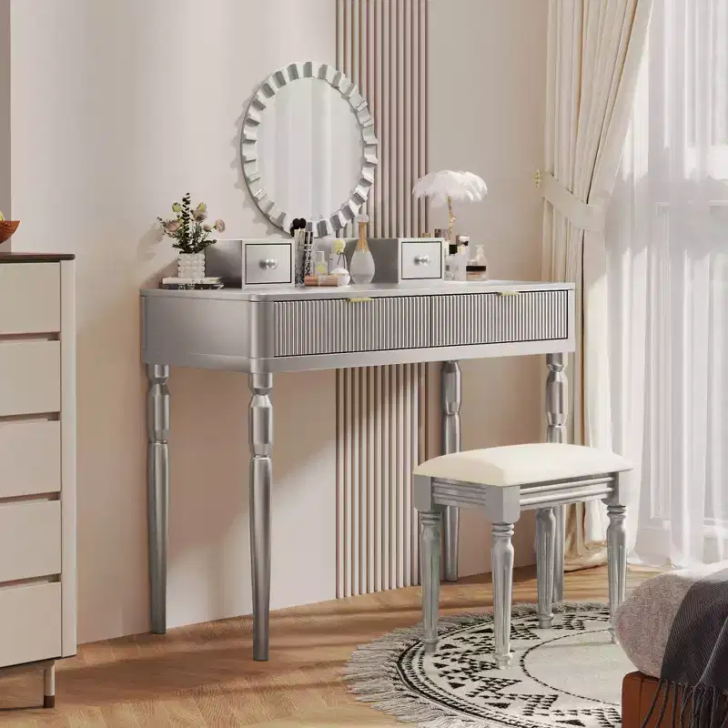 JVNOXK Modern Luxury Vanity Set with 4-Drawer Storage and Stool, Featuring Round Mirror, Three-Level Height-Adjustable Hanging Rod, Silver