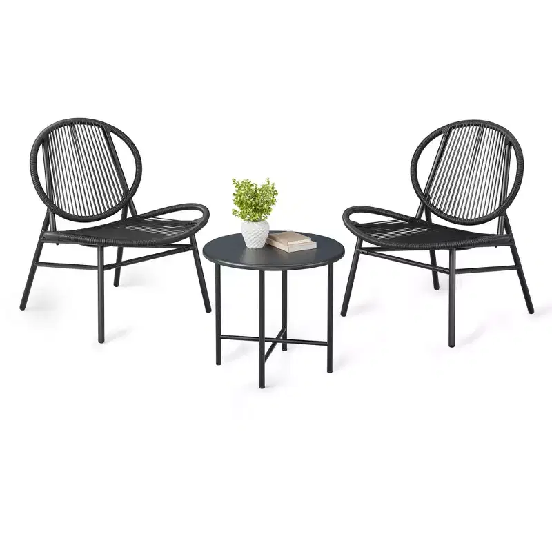 3 Piece Patio Bistro Set with 2 Chairs and Small Table, Acapulco Modern Rattan Furniture Set for Patio, Garden, Balcony, Black