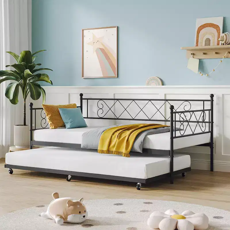 COZONY Twin Metal Daybed with Trundle  Heart-Shaped Headboard, Steel Slat Sofa Bed Frame, Space-Saving Guest Bed for Bedroom Easy Assembly