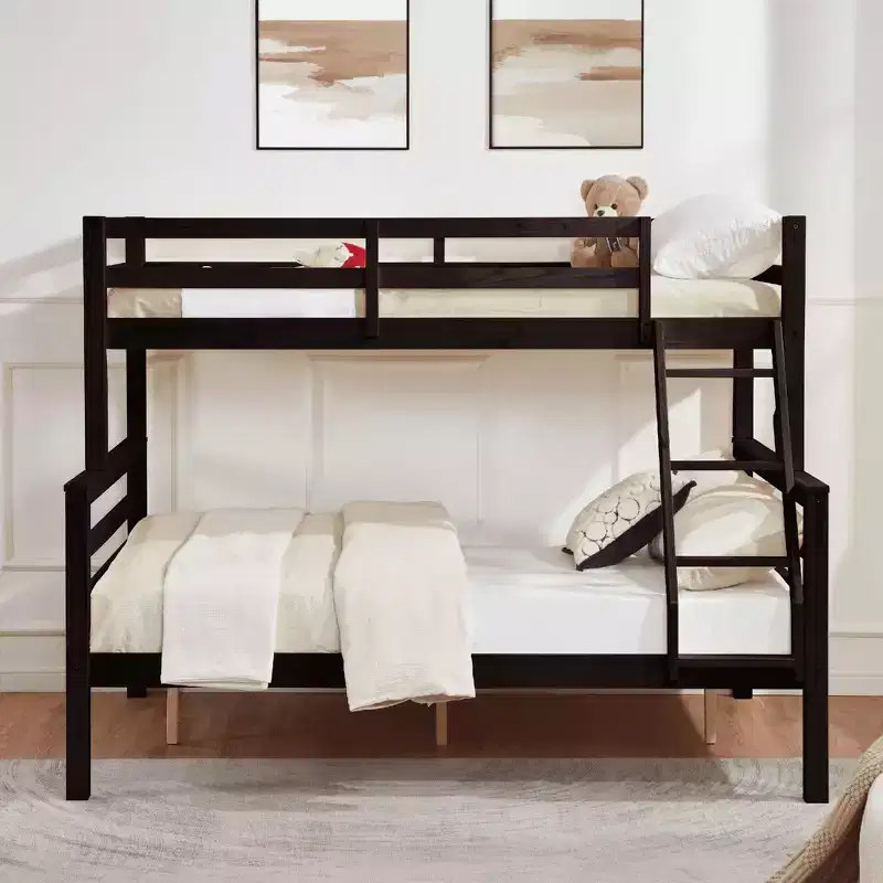 MAYEERTY Twin over Full Bunk Bed with Ladder, Wooden Bed Frame with High Guardrail for Kids, No Box Spring Needed
