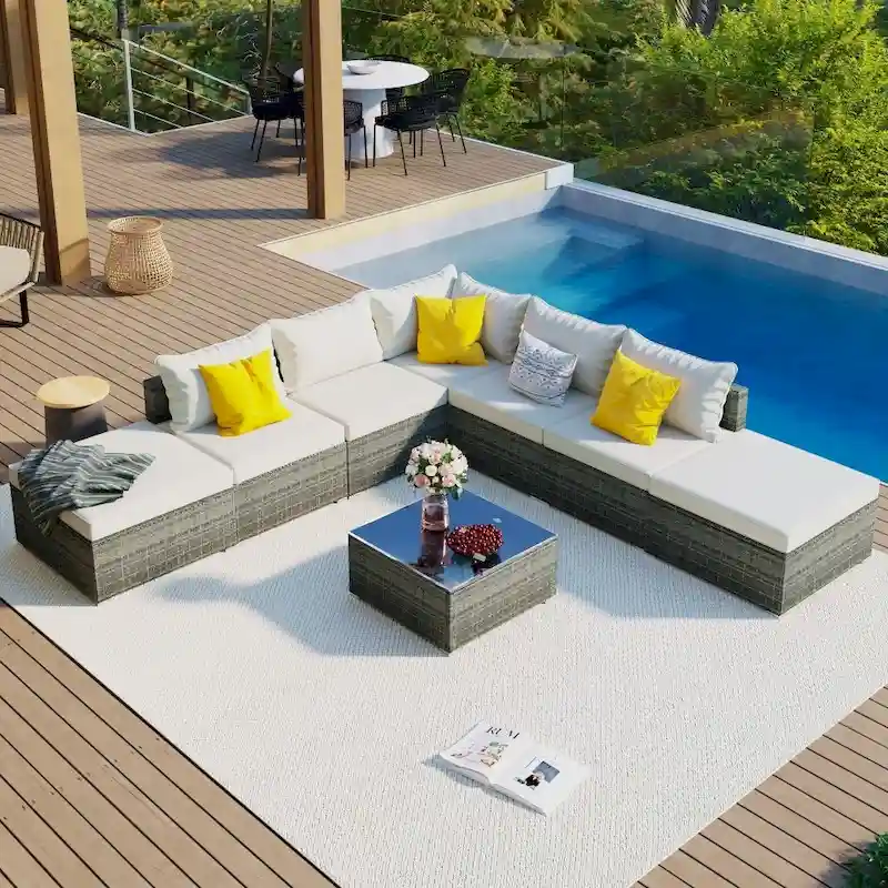 8-Pieces Outdoor Patio Furniture Sets, Garden Conversation Wicker Sofa Set