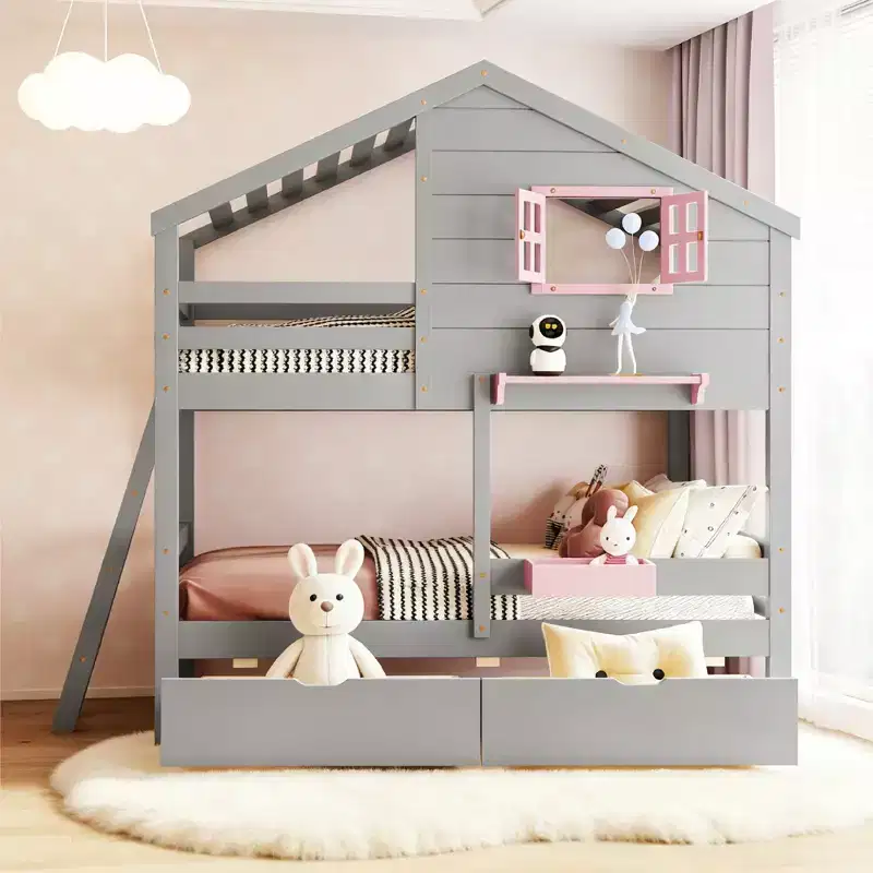 Twin over Twin House Bunk Bed with 2 Drawers, Storage Shelves and Window