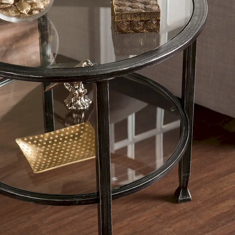 Round Side Table, Distressed Black Metal Frame, Glass Top + Bottom Shelf, Industrial Style