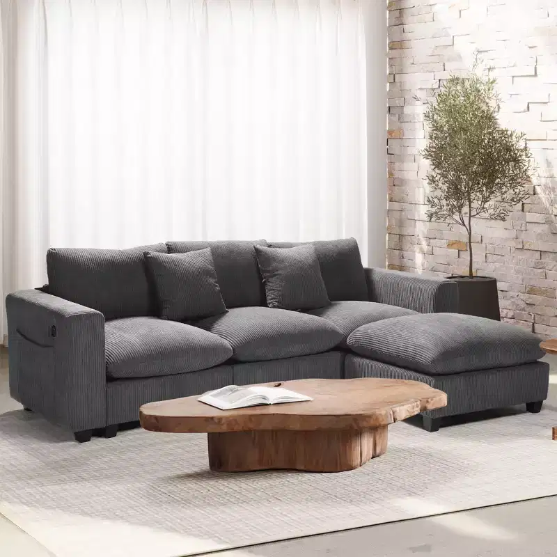 WestinTrends Hearthside 99 Modular Corduroy L-Shaped Sectional Sofa and Chaise With USB/Type-C Ports and Side Pockets