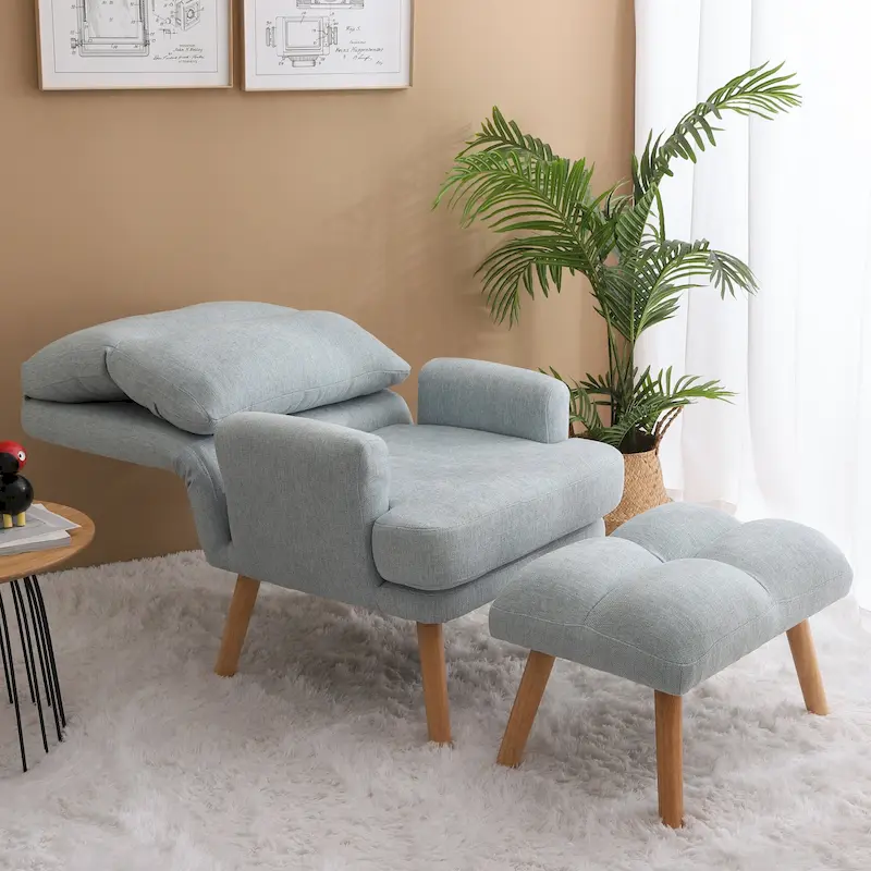 Accent Chair with Ottoman Set, Fabric Armchair with Wood Legs and Adjustable Backrest , Mid Century Modern Comfy Lounge Chair