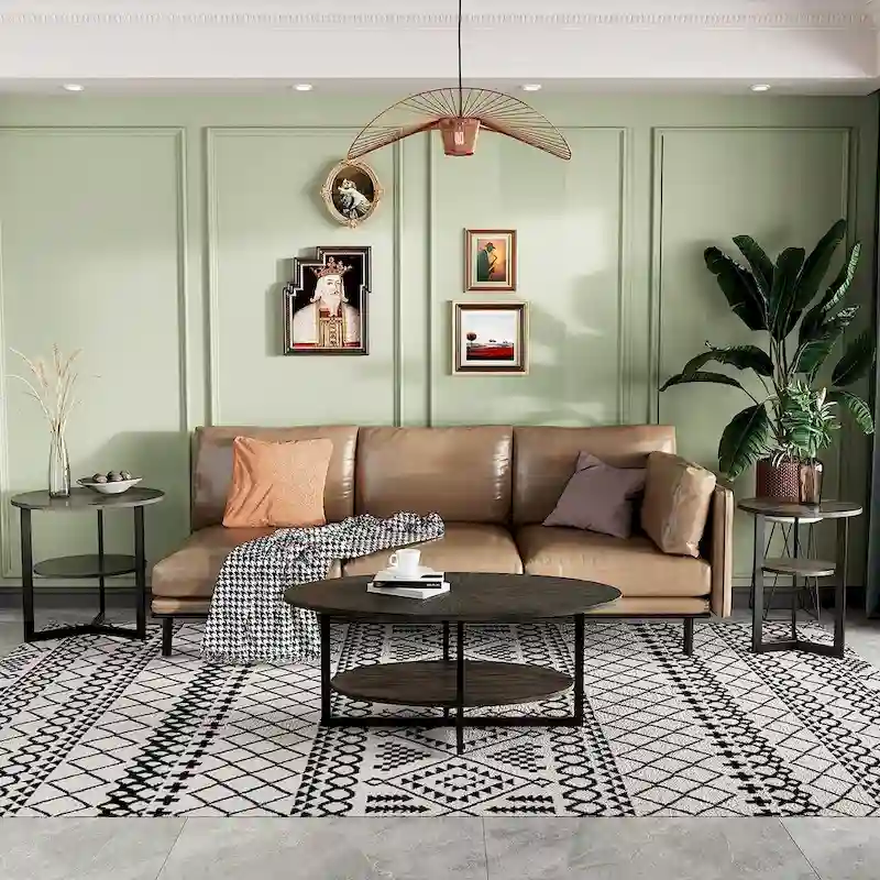 Solid Wood Oval Coffee Table with Cross Metal Legs
