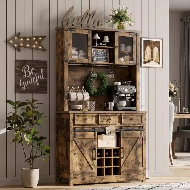 COZONY 72 Farmhouse Coffee Bar Cabinet with LED Lights, Modern Buffet Sideboard with Sliding Barn Doors & Wine Storage for Kitchen, Dining Room
