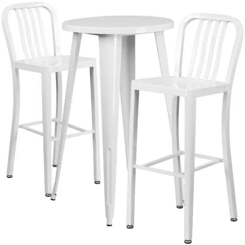 Emma and Oliver Commercial 24 Round Metal Indoor-Outdoor Bar Table Set & 2 Slat Back Stools