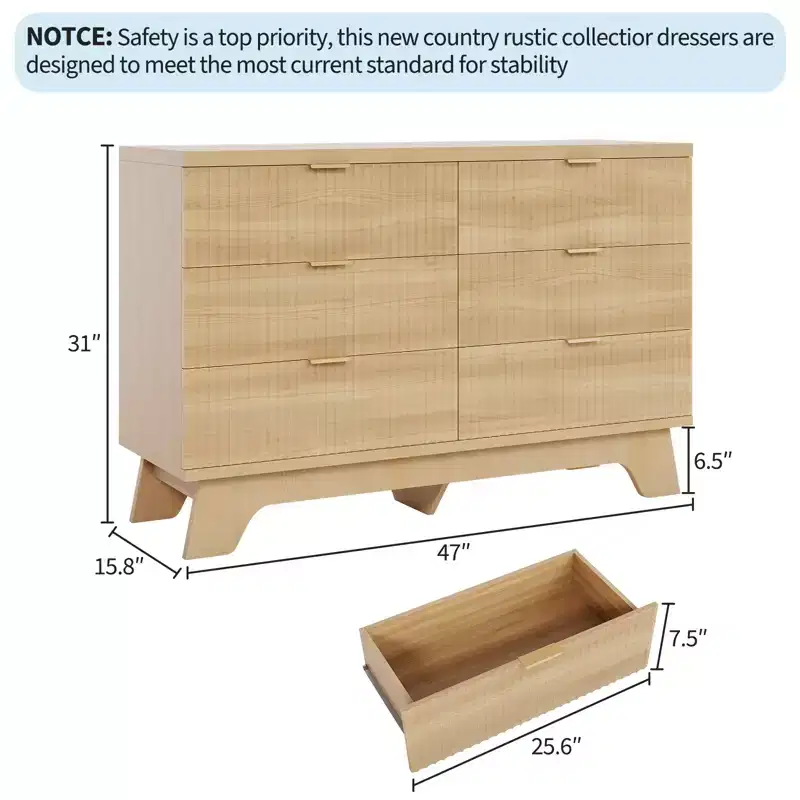 6 Drawer Dresser for Bedroom, 47 Wide Mid Century Modern Dresser, Fluted Dressers Chest of Drawers, TV Stand for Living Room,Hallway, Oak