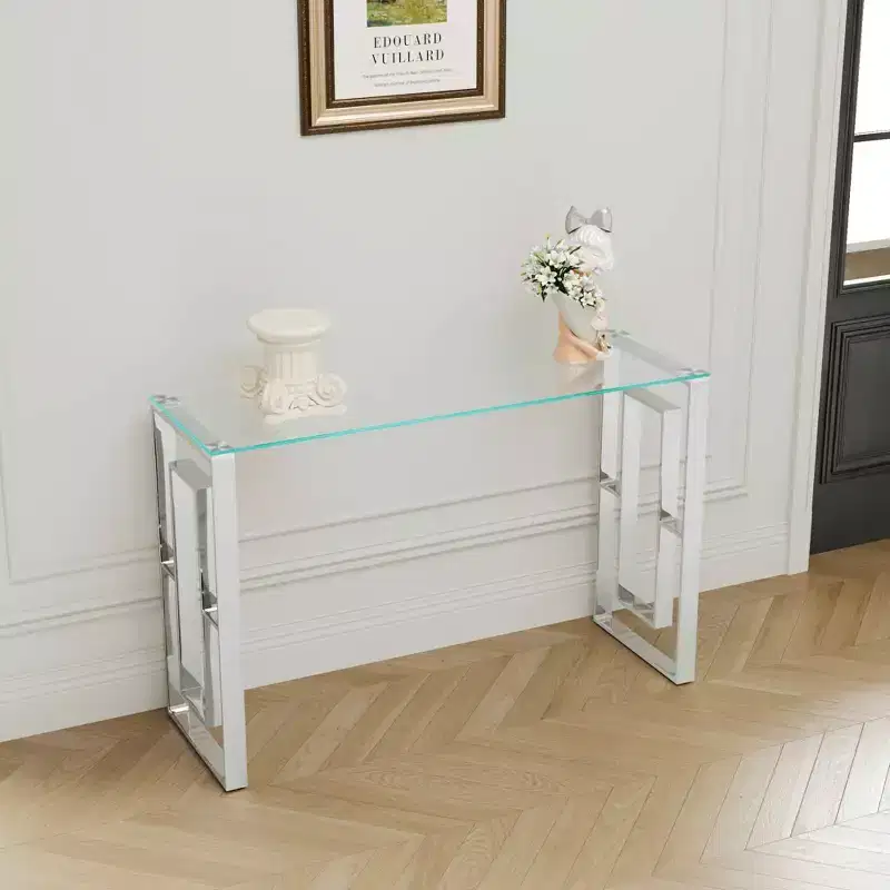 MAYEERTY Modern Console Table, Transparent Glass Table with Stainless Steel Legs for Living Room Office Silver