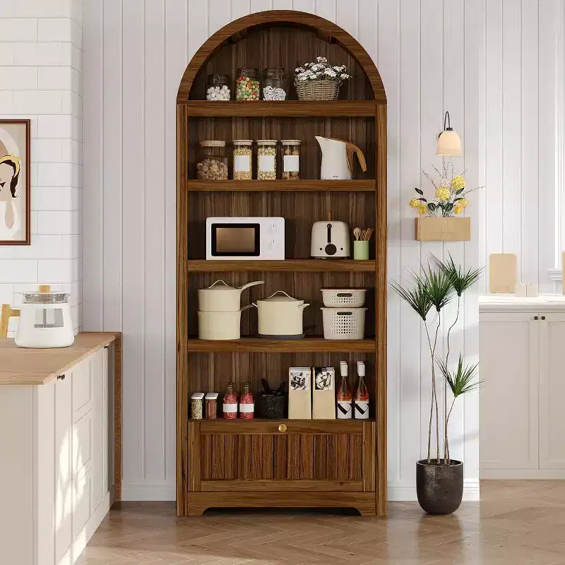 72 Arched Bookshelf with Storage Drawer, Modern 6-Tier Wood Display Cabinet, Open Shelves & Curved Door for Living Room & Kitchen
