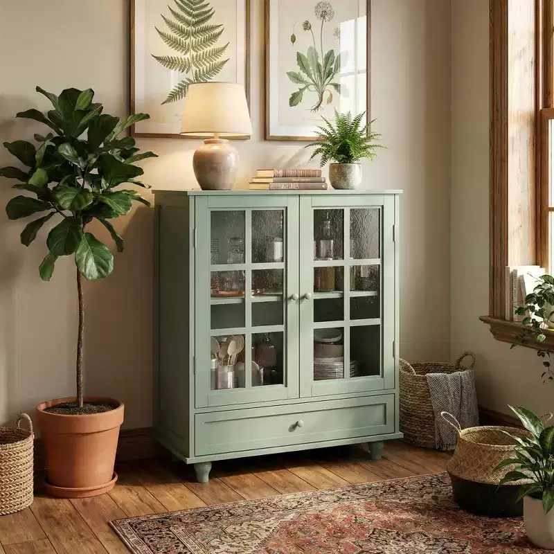 FurnitureR Minimalism Buffet Cabinet with Glass Doors and Drawer, Farmhouse Storage Cabinet for Dining Room, Kitchen, Living Room, Hallway Entryway
