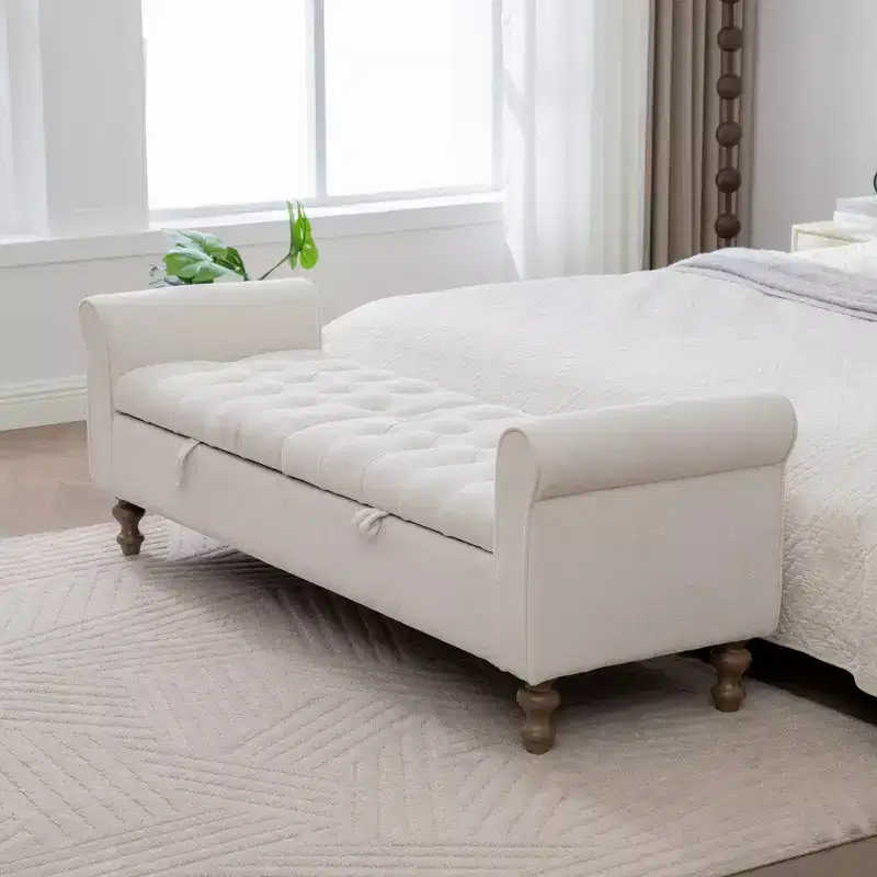 GDFStudio Changmin Modern Wooden Upholstered Storage Bench with Double Lids and Rolled Armrest
