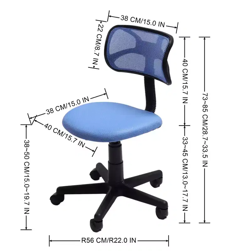 FurnituureR Desk Chair Low-Back, Mesh Study Task Chair Armless Ergonomic Swivel Adjustable Rolling Seating for Home Office Bedroom Study, Blue
