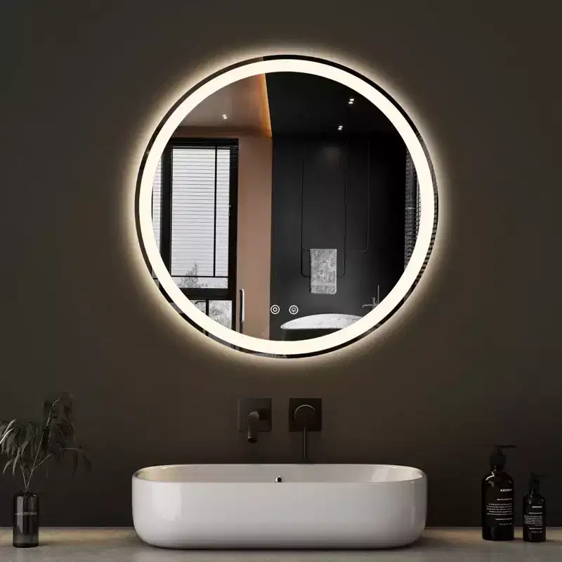 JIONJOY Round Anti-Fog LED Bathroom Mirror with Frame, 3 Light Colors & Dimmable Brightness for Bathroom Vanity