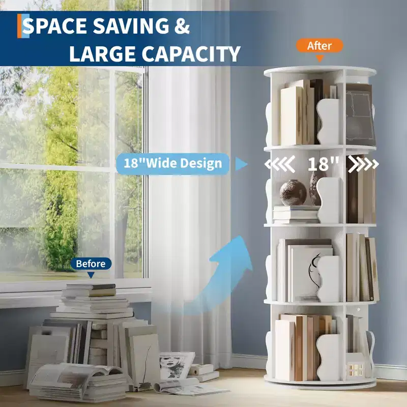 4 Tier Rotating Bookshelf Tower for Small Spaces, Revolving 360 Bookcase Storage Rack Tower, Vertical Rotate Turning Spiral Wood BookShelf Organizer