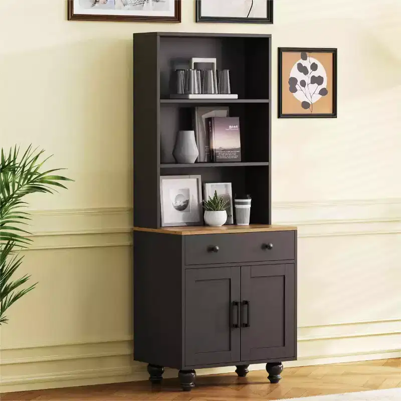 MAYEERTY White Farmhouse Storage Cabinet 4 Solid Wood Gourd Legs 5 Tier Adjustable Shelves Drawer