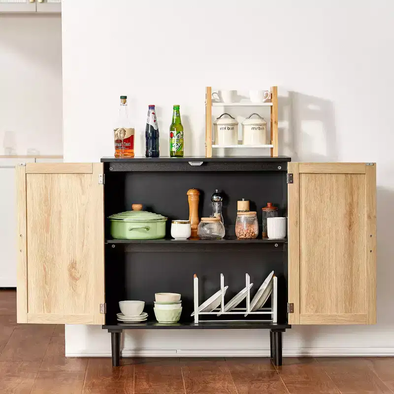 VEVOR Rattan Cabinet, Rattan Storage Cabinet with 2 Magnetic Doors and Adjustable Shelves, Sideboard Buffet Cabinet for Hallway, Black