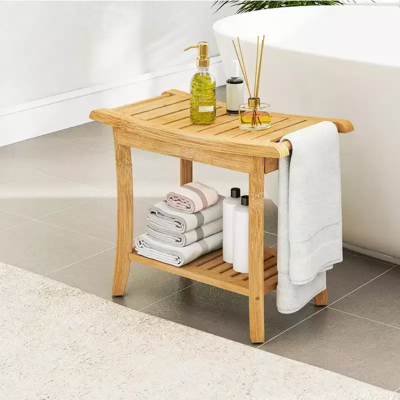 Bamboo Shower Bench with Storage Shelf, Waterproof, 330 lbs Capacity