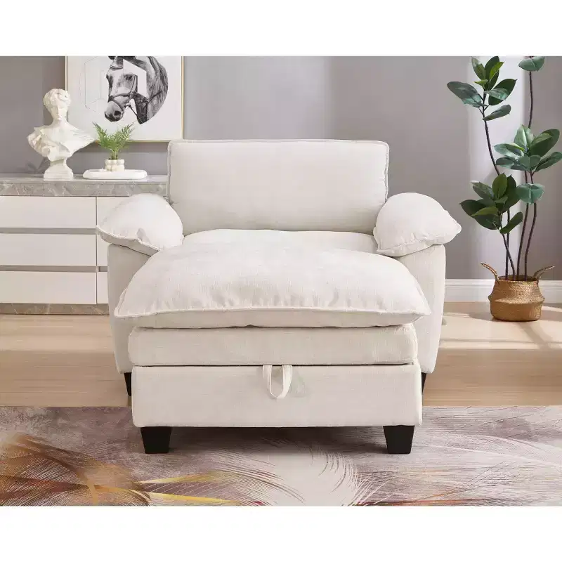 MAYEERTY Chaise Lounge 51 Oversize with Ottoman Plush Chenille Upholstery Black Storage Comfort