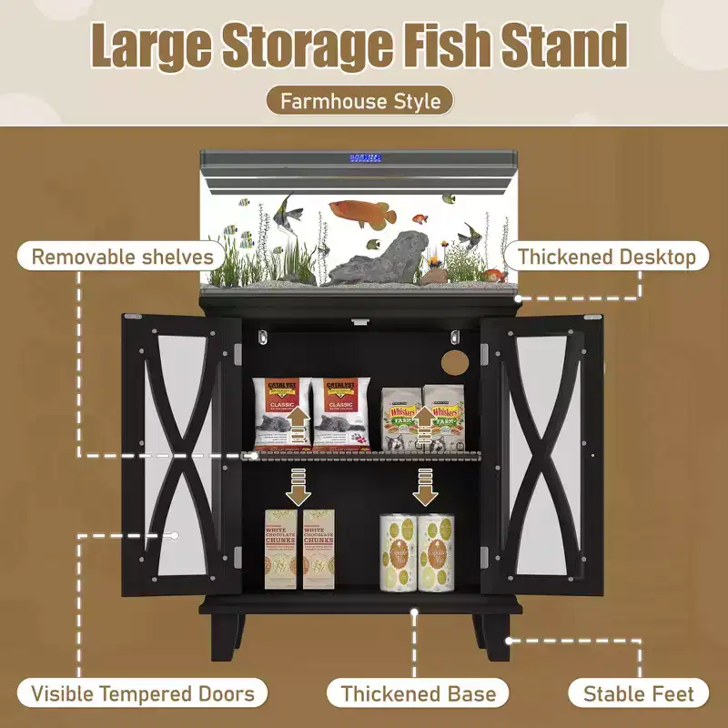 Farmhouse Wood Aquarium Stand with Power Outlets and Adjustable Shelves