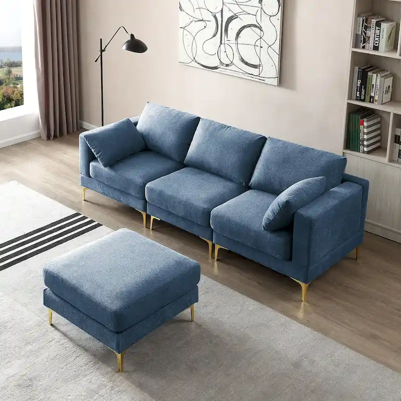 Christopher Knight Home - Beige L-Shape Sectional Sofa with Gold Metal Legs and Ottoman