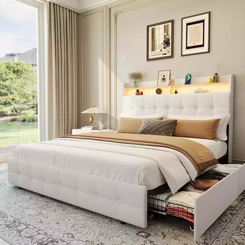 Full Size Upholstered Platform Bed Frame with Storage Headboard and 2 Drawers, Plush Fabric, No Box Spring Needed