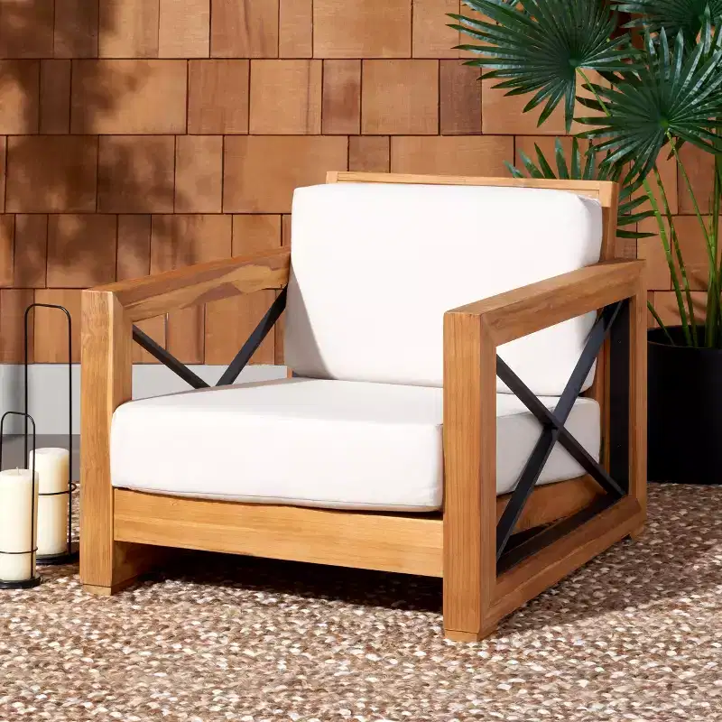 Curacao Club Chair Indoor/Outdoor - CPT1009 - Natural Brazilian Teak/ Beige - Safavieh Couture