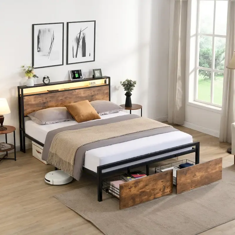 Full Size Bed Frame with Storage Headboard and 2 Drawers,LED Lights Bed with Charging Station