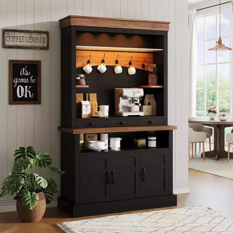 72 Tall Farmhouse Style Coffee Bar Cabinet with LED Lights, Kitchen Buffet Featuring Doors and Drawer, Adjustable Shelves, Spacious Storage
