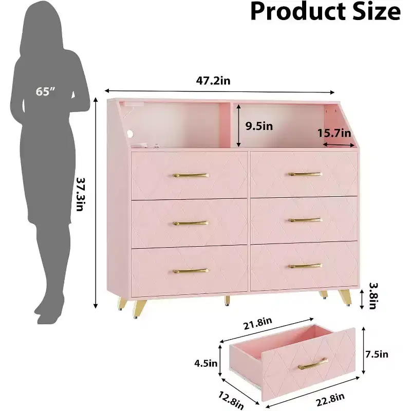 6 Drawer Dresser with Power Station, Geometric Front & Gold Legs, Modern Storage Cabinet for Bedroom, Living Room, Entryway