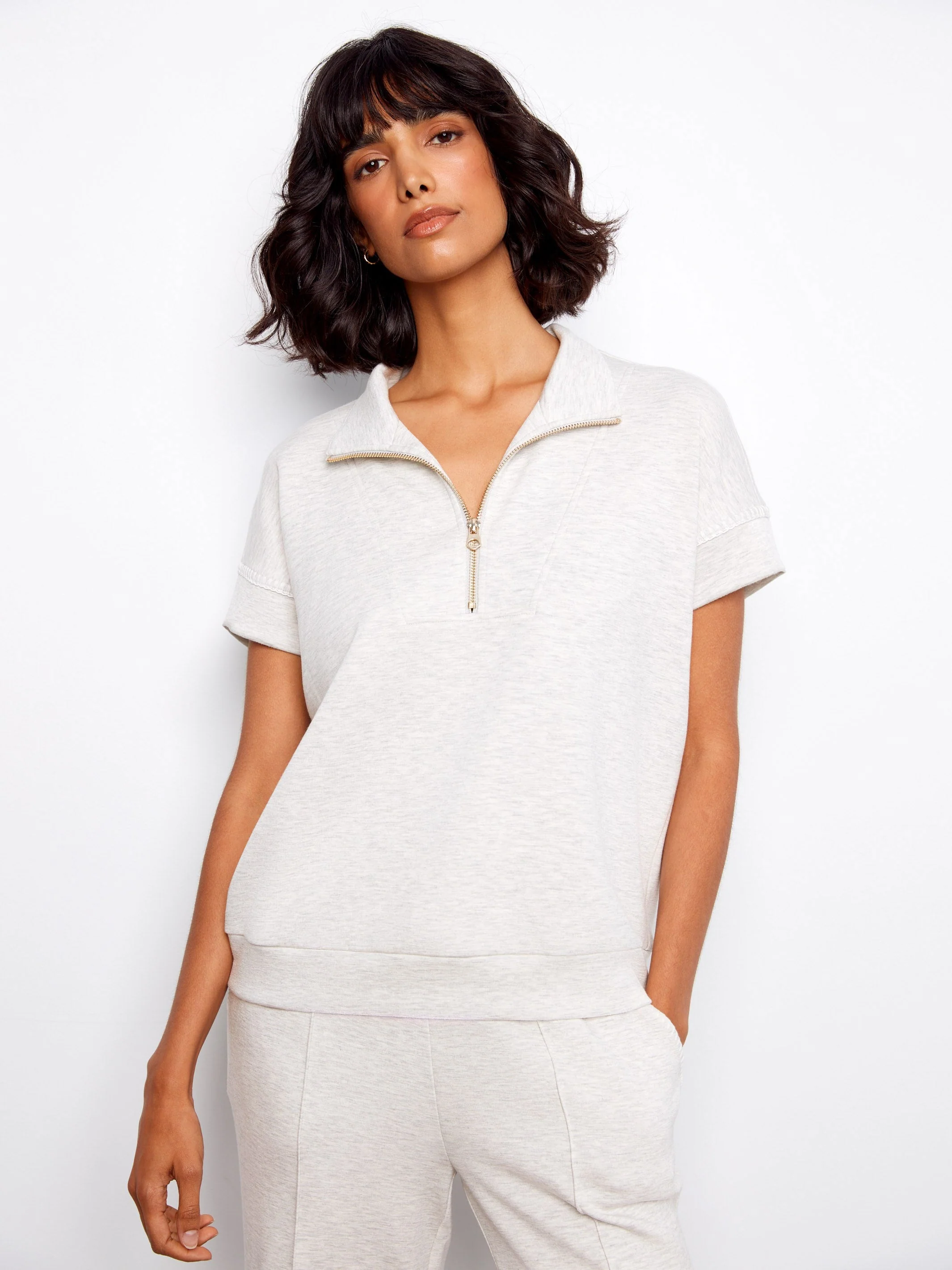 Short Sleeve Half-Zip Top - Heather Light Grey