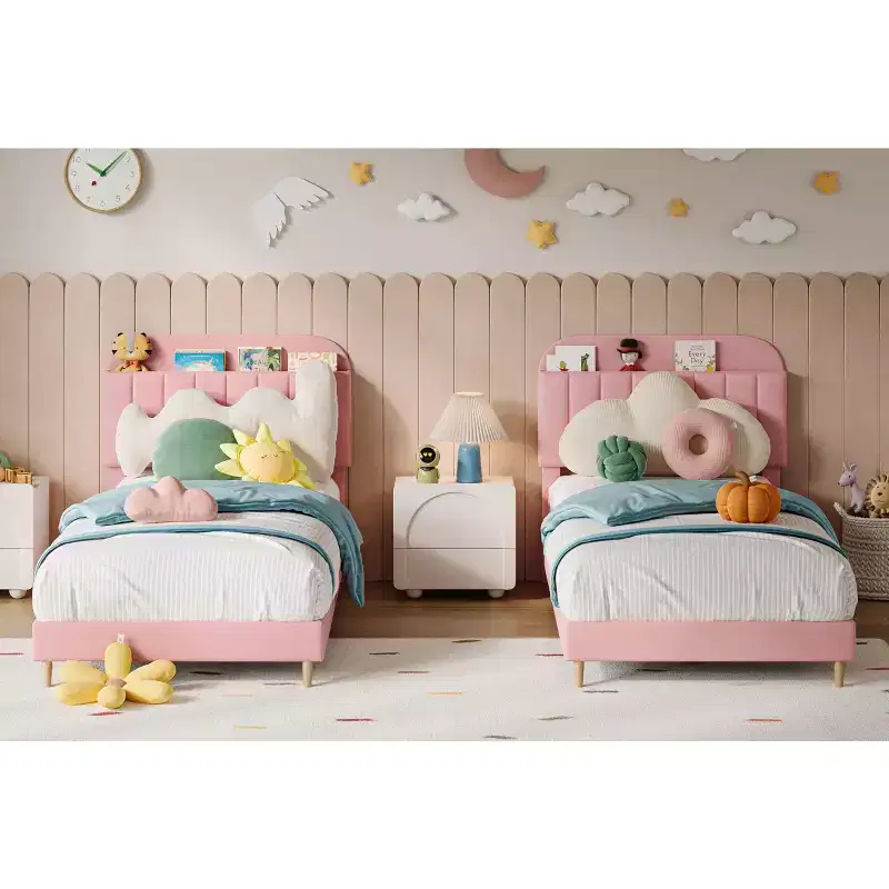 2PCS Twin Bed Frames, Upholstered Platform Bed Frame with Bookcase Headboard, Velvet Platform Bed Mattress Foundation, Heavy Duty Steel Support Legs