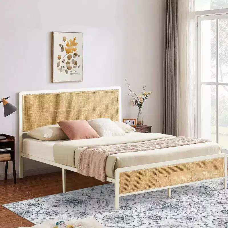 Rattan Platform Bed Frame with Metal Slats, Underbed Storage, No Box Spring Needed, Boho Style, Queen Size, Black/White, with/without RGB LED Light