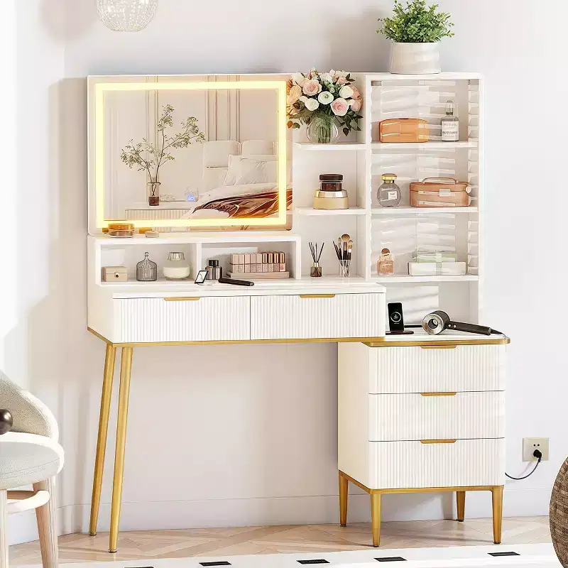 Fluted Vanity Desk with Lighted Mirror and Storage Drawers