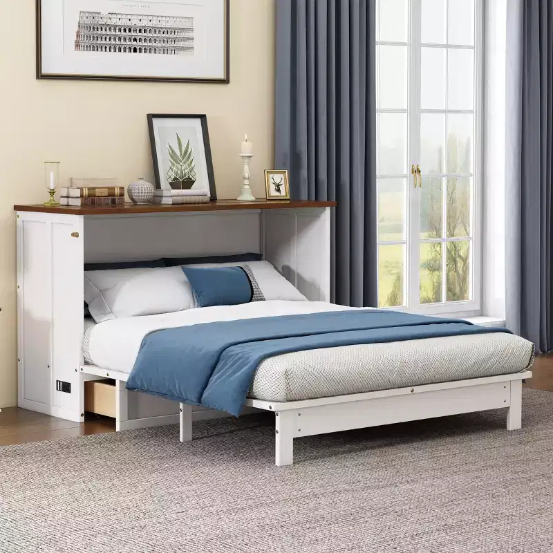 GDFStudio Kaelun Modern Wooden Murphy Bed Chest with Charging Station and Large Storage Drawers