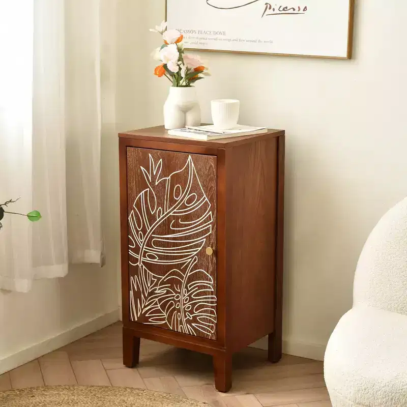 eHemco Tropical Monstera Door Accent End Table, Modern Retro Style, 16.5 x 14 x 31 Inches, Antique Walnut Finish