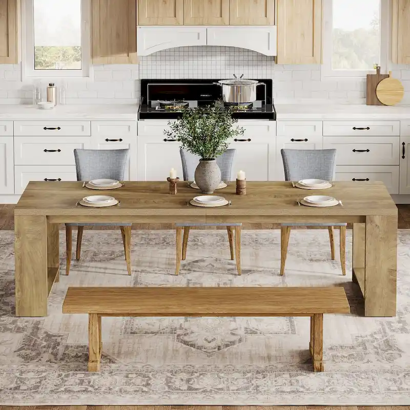 Farmhouse Wood Dining Table for 6-8 People - 86.61W Natural Wood Finish