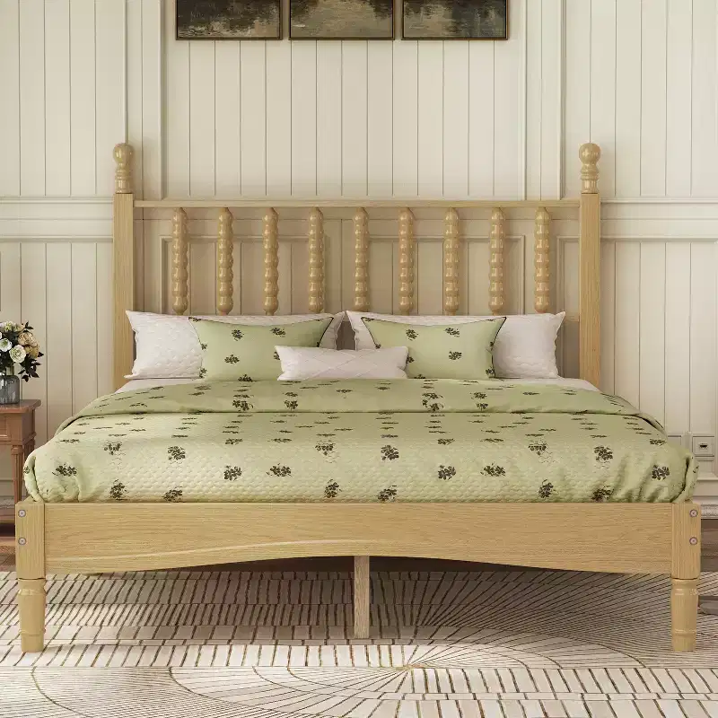 Full/King Size Wood Platform Bed with Gourd Headboard, Retro Style Bed Frame, No Box Spring Needed, Walnut/Natural - ModernLuxe