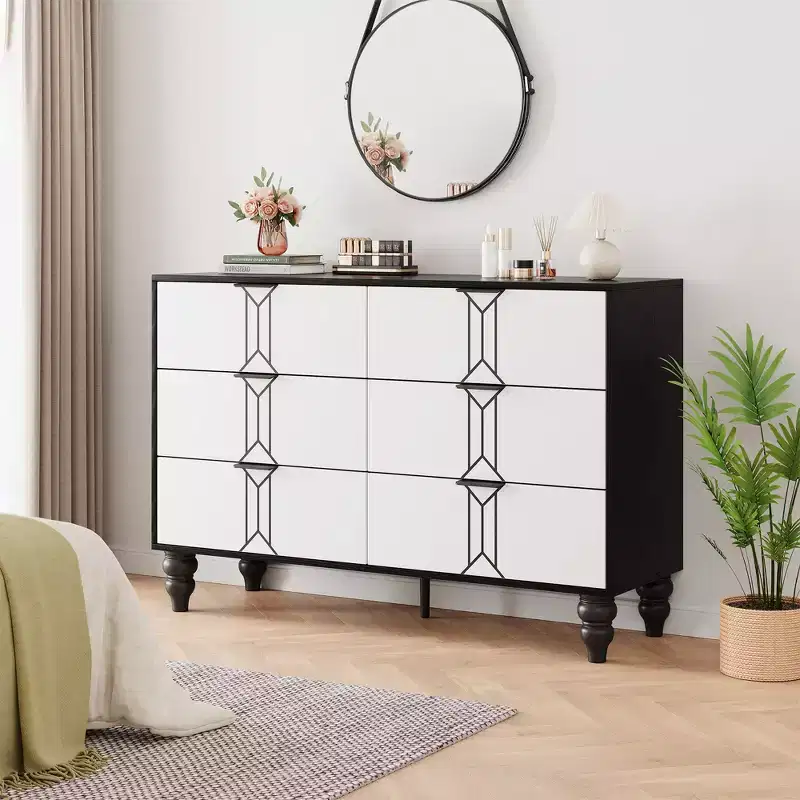 Modern 6-Drawer Chest with Vintage Diamond Design, Black & White Dresser, Deep Storage with Waterproof Finish, Metal Handles for Living Room