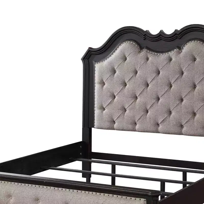 82.5"California King Bed Chelmsford Bed Beige Fabric Antique Black Finish - Acme Furniture: Tufted Upholstered Traditional Design