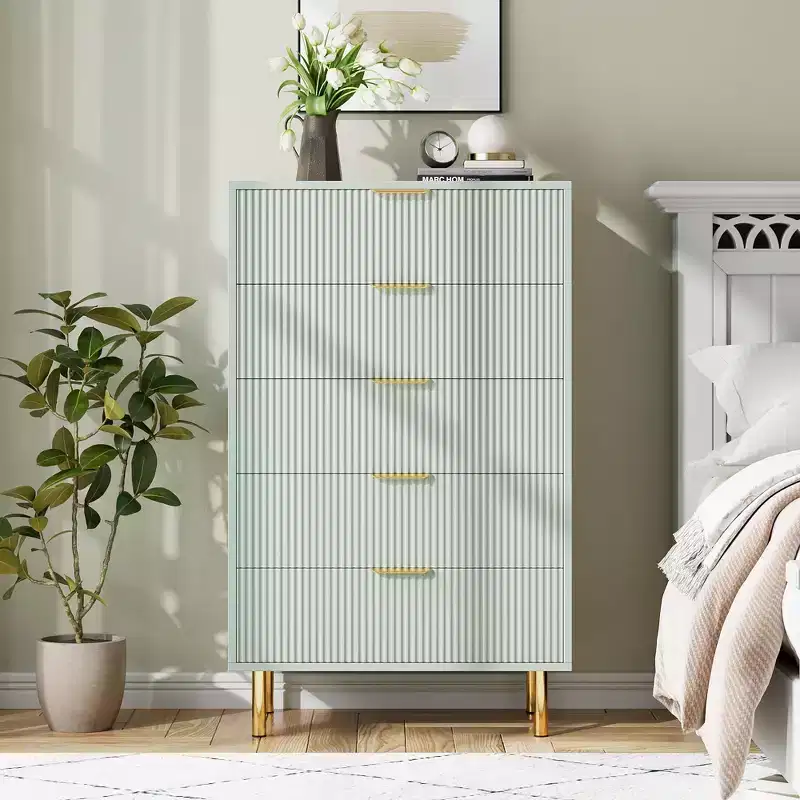 Green Dresser, Modern 5 Drawer Dresser for Bedroom with Gold and Large Drawer, Wood Double Chest of Drawers,Green