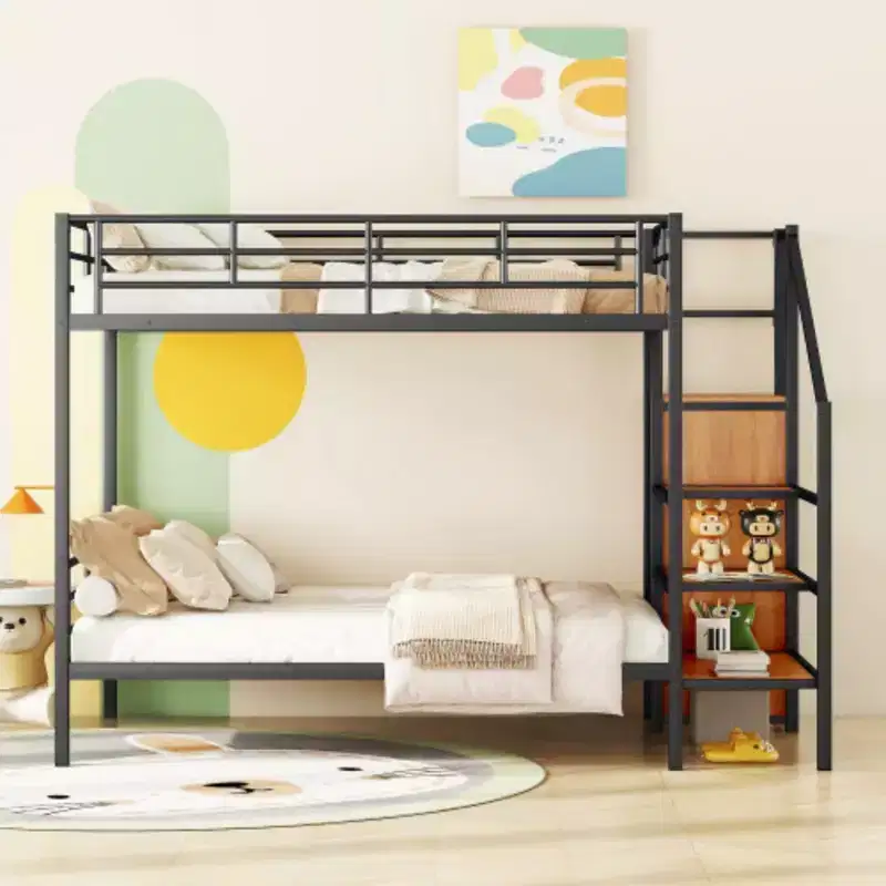 Full Over Full Metal Bunk Bed with Lateral Storage Ladder and Wardrobe, Black