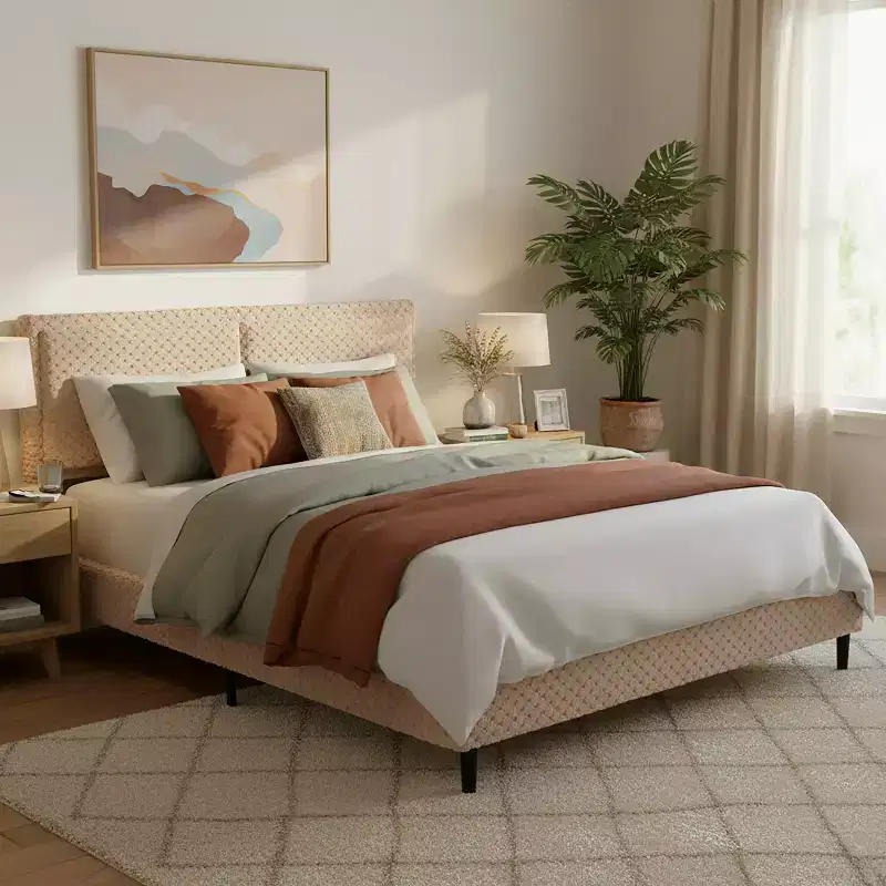 Camel Plush Upholstered Bed Frame – Tufted Headboard Platform Bed