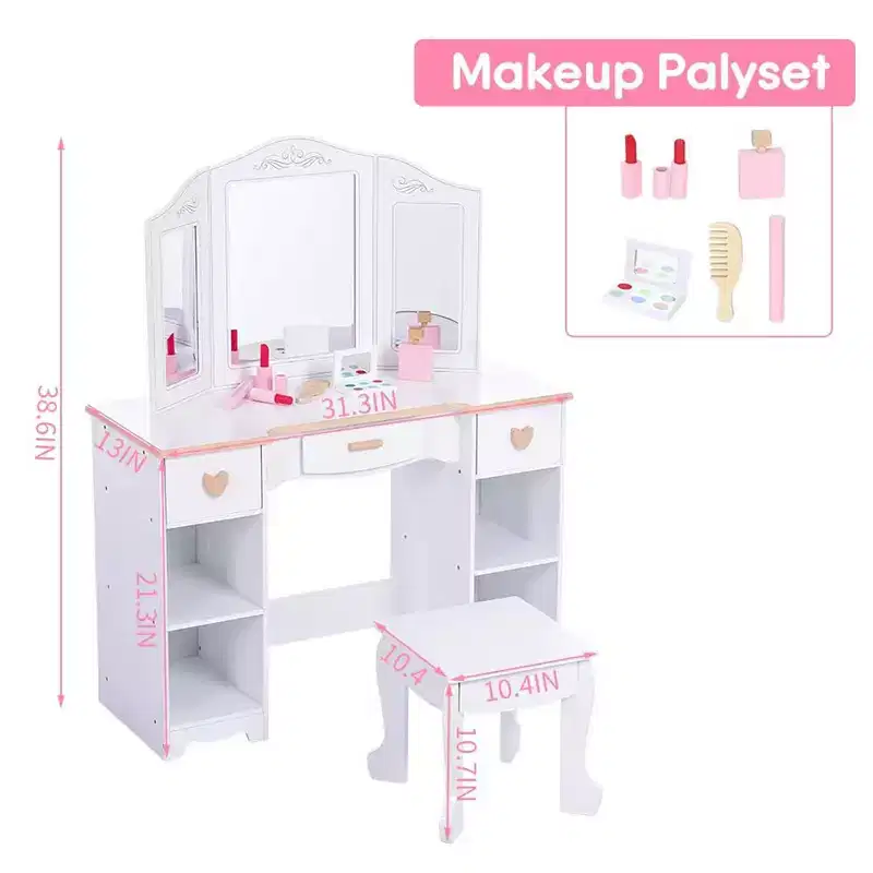 Kids Vanity Set with Mirror and Stool, Wooden Girls Makeup Playset, Princess Vanity Table for Kids, Toddlers, White