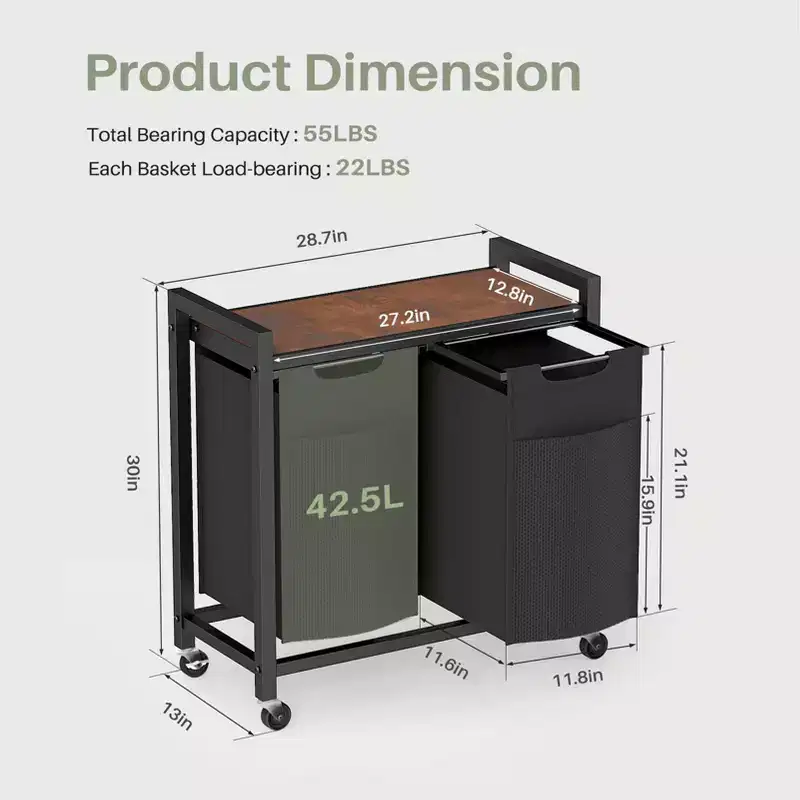 2-Bag Laundry Sorter Hamper with Removable Waterproof Bags and Shelf, Rolling Wheels or Adjustable Feet, 22.4 Gal Storage Organizer