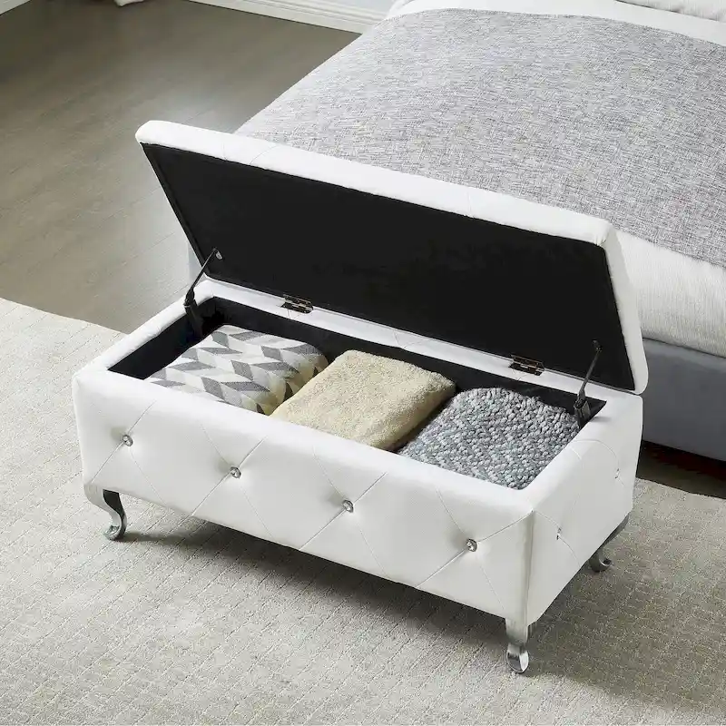 White Faux Leather Storage Ottoman Bench with Crystal Buttons, Single