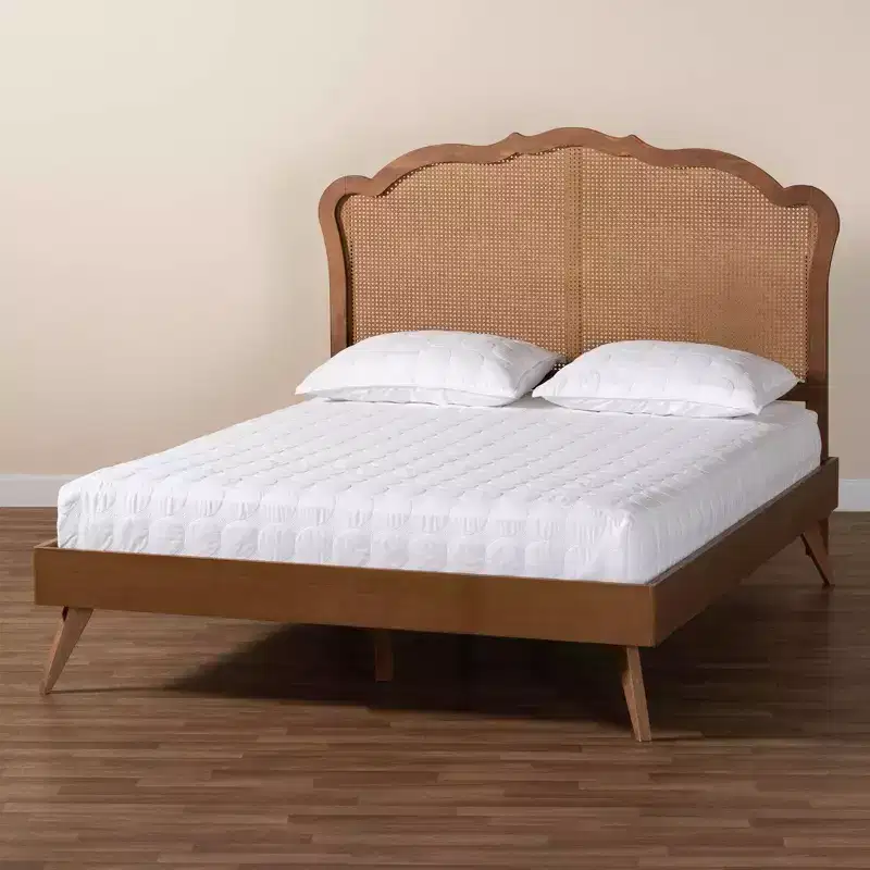 Queen Wood and Rattan Platform Bed Walnut Brown